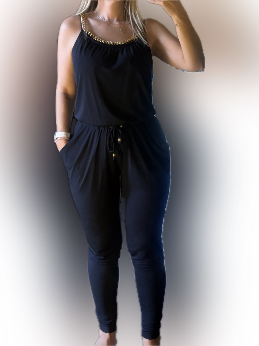 MICHAEL Michael Kors Navy Blue Tank Jumpsuit with Gold Chain Trim
